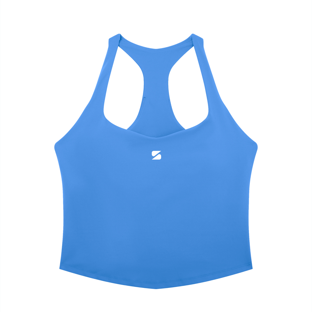 Sayas Apex women's pickleball tank top, tight fit in blue and black stretch knit, photo 4