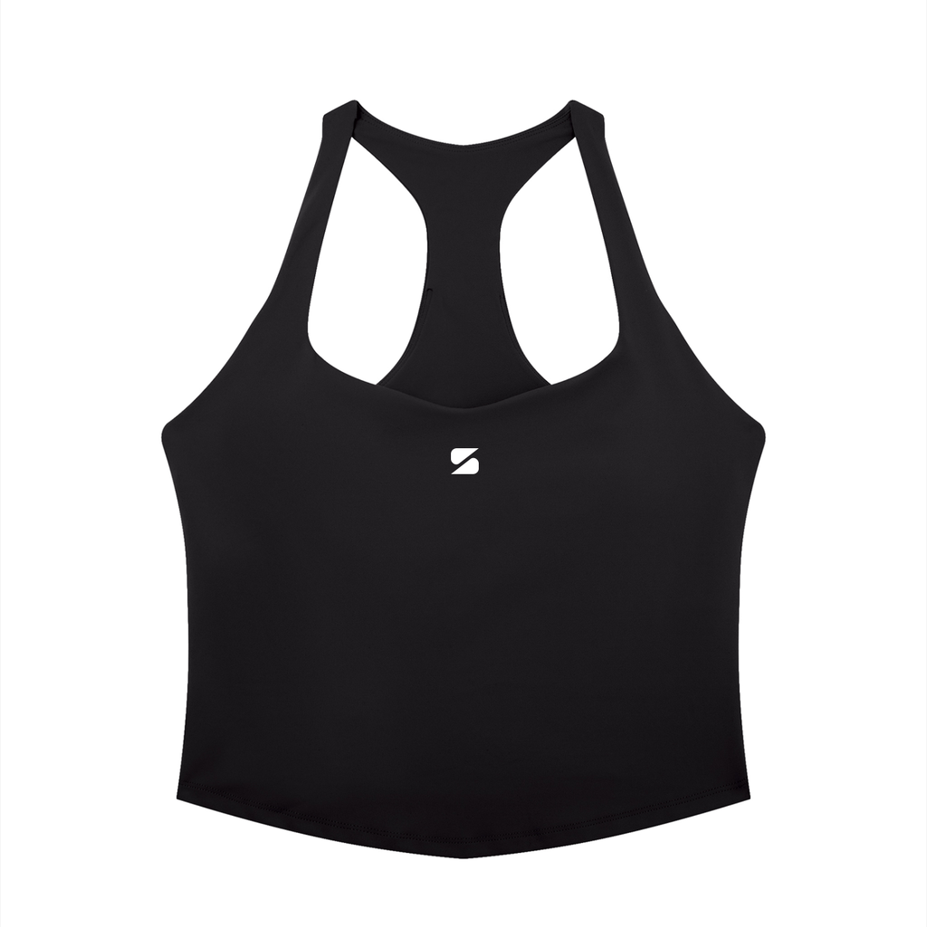 Sayas Apex women's pickleball tank top, tight fit in blue and black stretch knit, photo 2