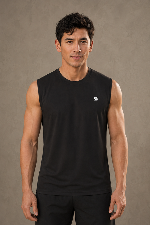 Sayas Apex men's pickleball tank top in black, soft cotton-modal sleeveless fit
