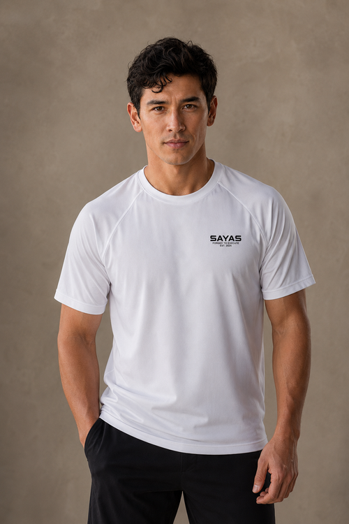 Sayas Apex men's pickleball shirt in white, raglan sleeve mesh performance tee